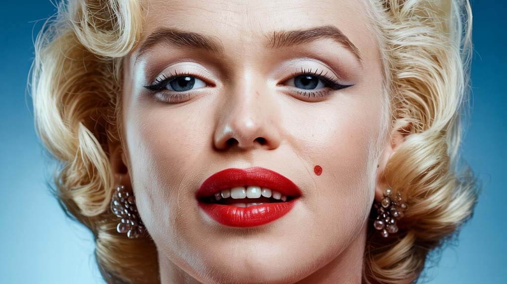 Portrait of Marilyn Monroe in classic 1950s style, focusing on her signature mole, accompanied by text asking if it was real or cosmetic
