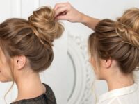 Step-by-step guide to creating a fuller chignon bun using a halo hack, achieving a voluminous updo in minutes