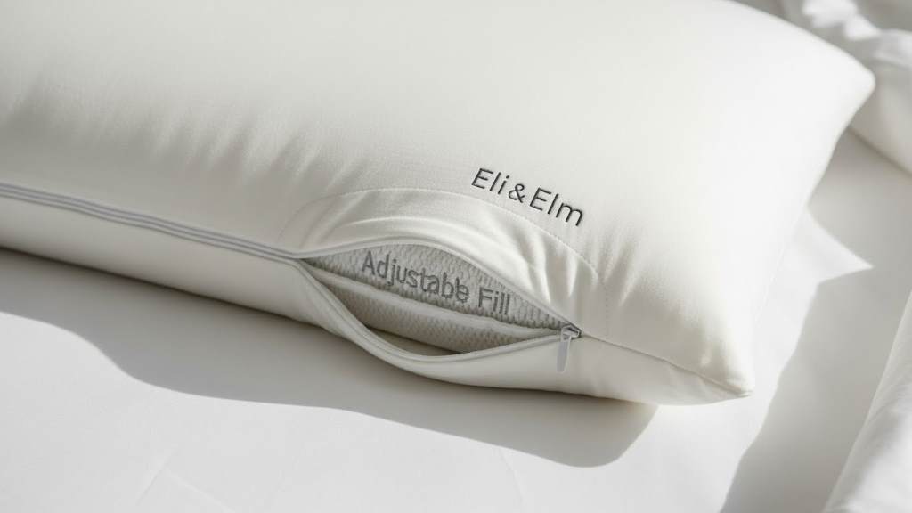 Eli & Elm Side Sleeper Pillow showing adjustable fill zipper and unique arm tunnel cutout on white bedding