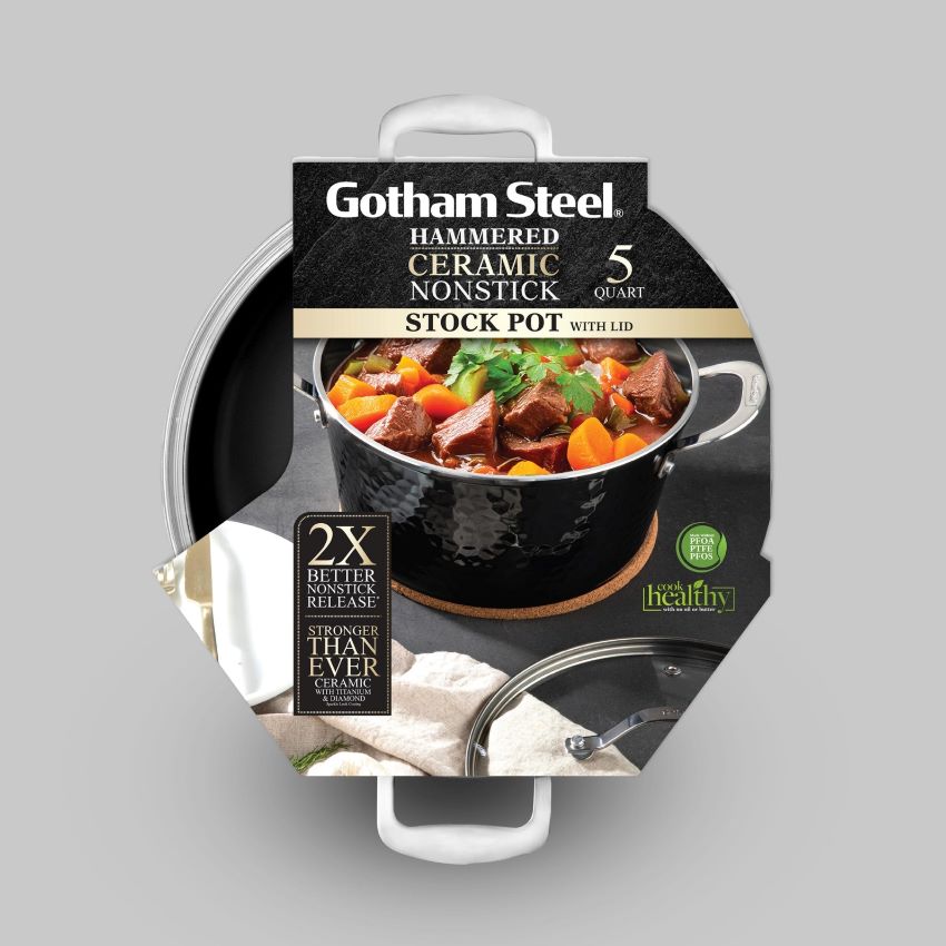Close-up of Gotham Steel ceramic stock pot showing nonstick interior.
