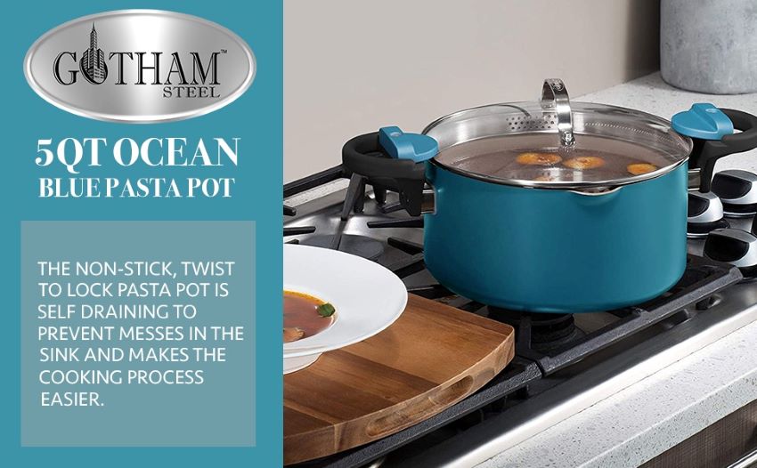 Gotham Steel 5 Qt ceramic stock pot on stovetop during cooking.