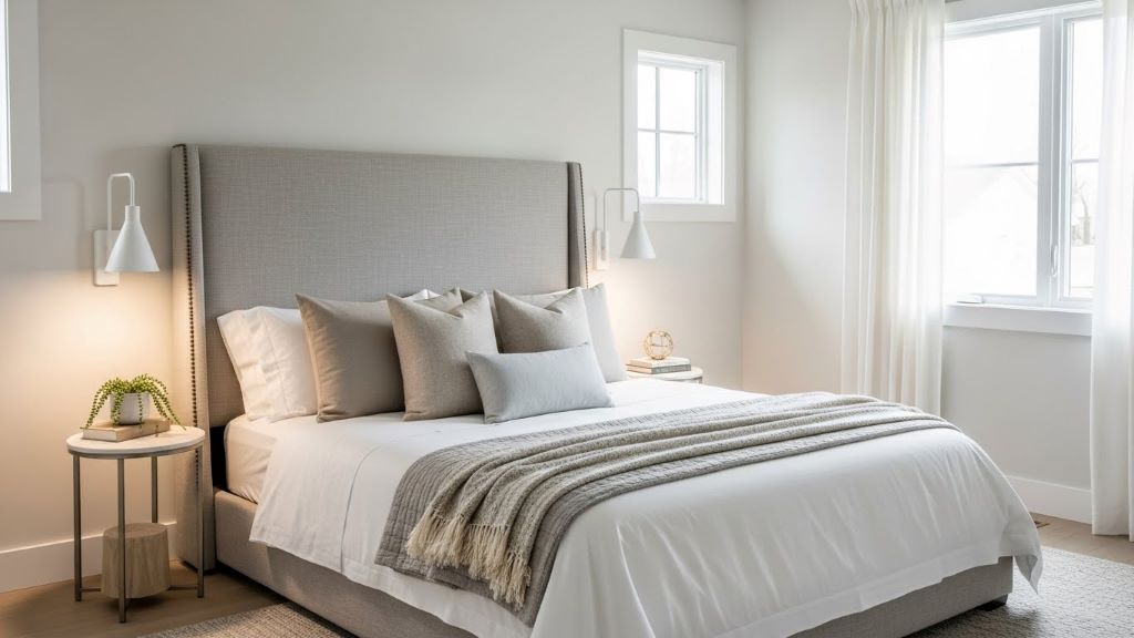 Modern transitional bedroom with upholstered headboard, layered neutral bedding, and simple contemporary lighting fixtures