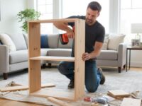 Homeowner using lightweight BLACK+DECKER 20V MAX drill to assemble wooden shelf in living room