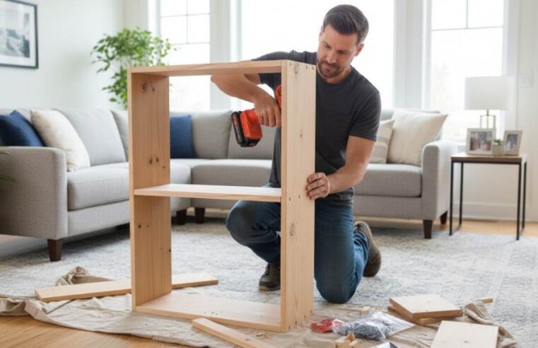 Homeowner using lightweight BLACK+DECKER 20V MAX drill to assemble wooden shelf in living room