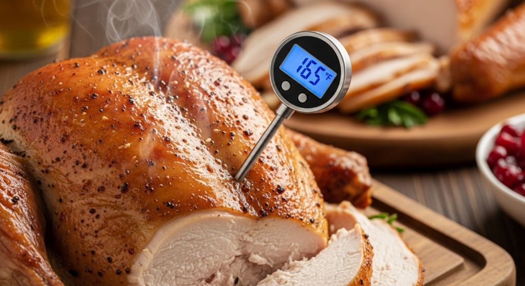 Meat thermometer inserted into cooked bone-in turkey breast showing proper internal temperature of 165 degrees Fahrenheit