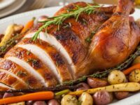 Golden brown bone-in turkey breast on white serving platter with fresh herbs and roasted vegetables for family dinner