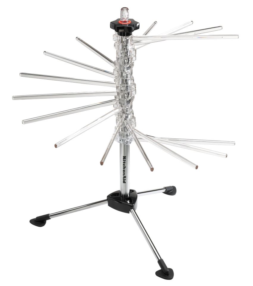 Homemade pasta hanging on KitchenAid KPDR drying rack