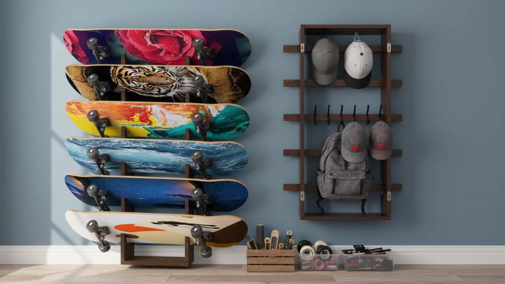 Organized bedroom wall displaying skateboards on a rack with hooks for easy access and aesthetic appeal