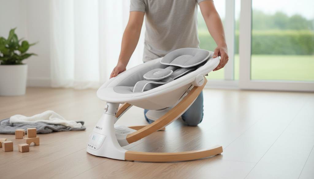 Parent easily folding the lightweight Jool Baby Nova Nature portable electric swing for storage