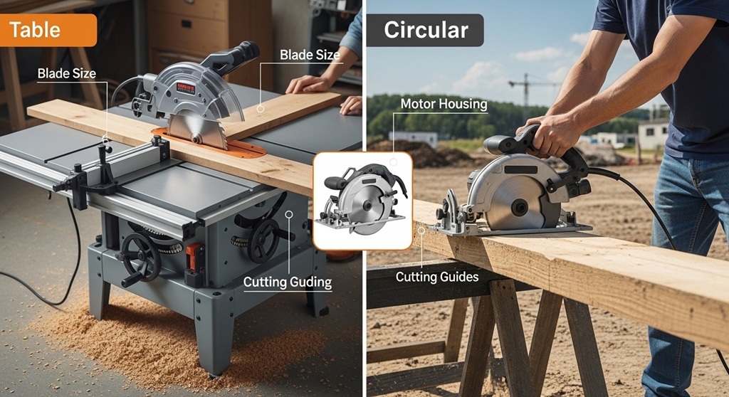 Handheld circular saw cutting lumber on jobsite