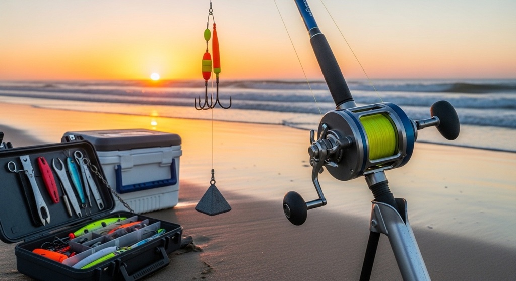Beach fishing equipment including surf casting gear and sand spike