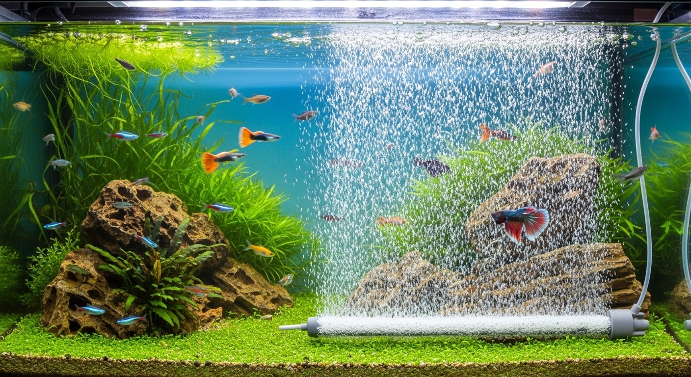 Bubble curtain setup along back wall of fish tank