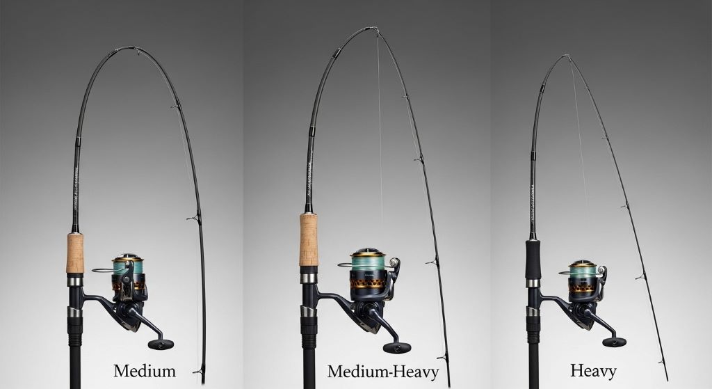 Comparison of medium heavy rod power ratings demonstrating flex characteristics and strength differences for fishing applications