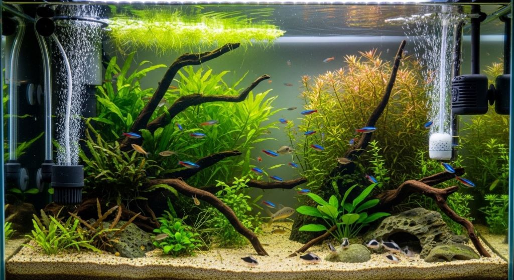 Planted aquarium setup showing CO2 diffuser and air pump positioned at different depths for optimal gas balance