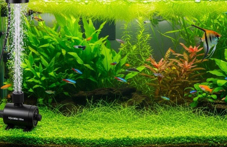 Air pump with adjustable valve connected to air stone in planted aquarium with lush green plants and tropical fish