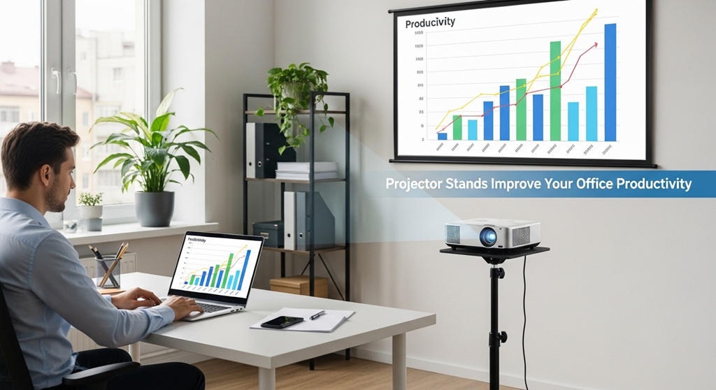 Portable projector stand with organized workspace setup
