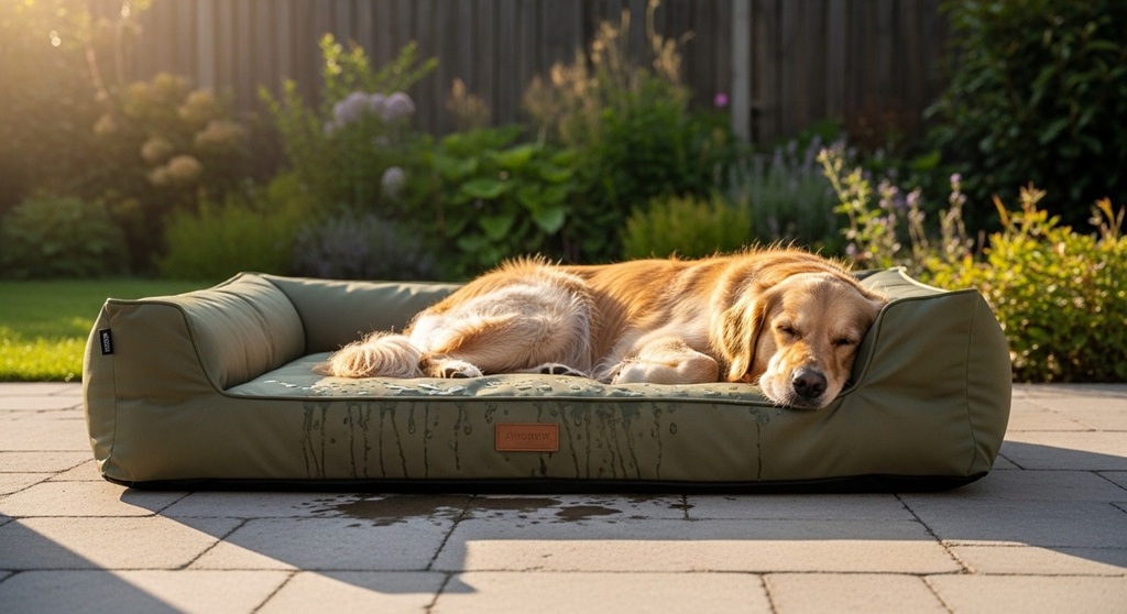 XL dog bed with waterproof inner liner and orthopedic memory foam support shown in cross-section diagram