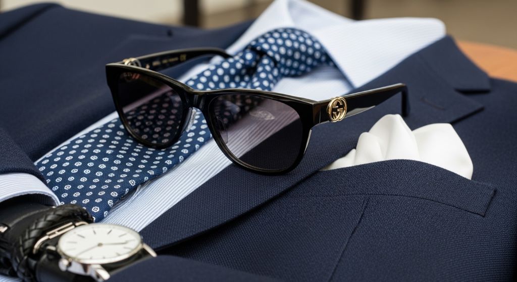Gucci designer sunglasses with signature details styled with modern menswear