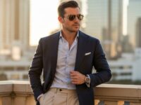 Man wearing classic Gucci aviator sunglasses with tailored business casual outfit