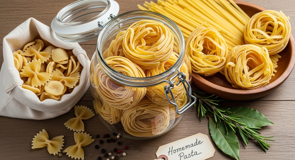 Homemade pasta drying on wooden rack before storage
