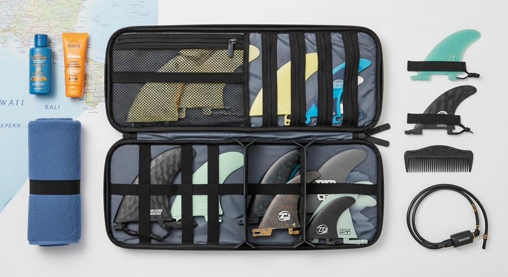 Organized surf fin pouch storing thruster and quad fin sets