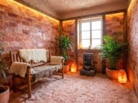 DIY Himalayan salt cave setup with pink salt bricks and soft ambient lighting