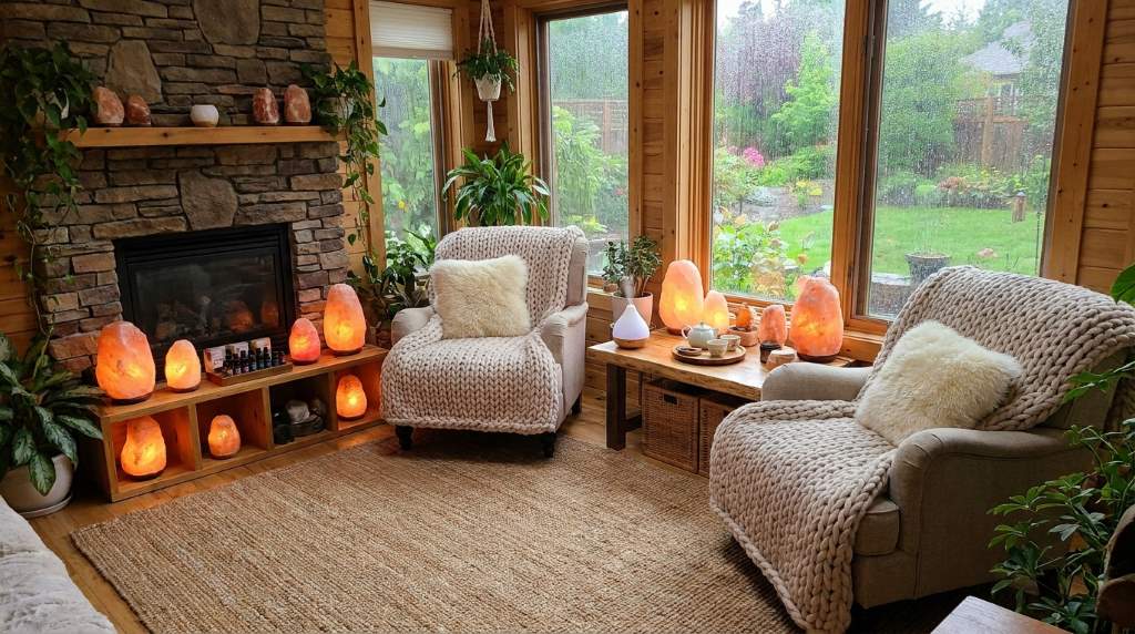 Home spa corner featuring Himalayan salt lamps and cozy seating area