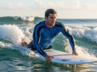 Surfer wearing compression rash guard with muscle support while paddling on surfboard in ocean waves