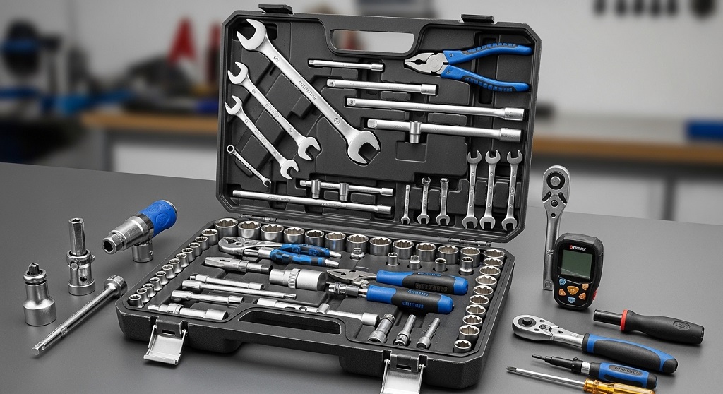 mechanic using mid-range automotive ratchet wrench in engine bay