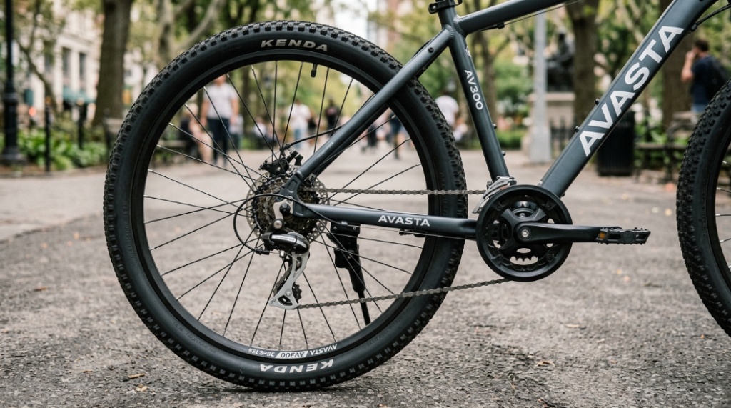 Close-up of an AVASTA AV300 26-inch wheel and frame, showing the compact design for better maneuverability.