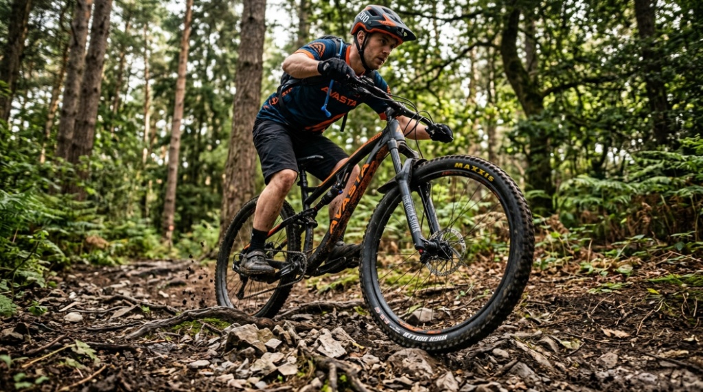 AVASTA AV300 27.5-inch bike riding over a rocky forest trail, highlighting tire traction and clearance.