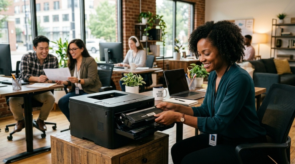 An office worker inserting a new black toner cartridge into a modern laser printer in a small business setting.