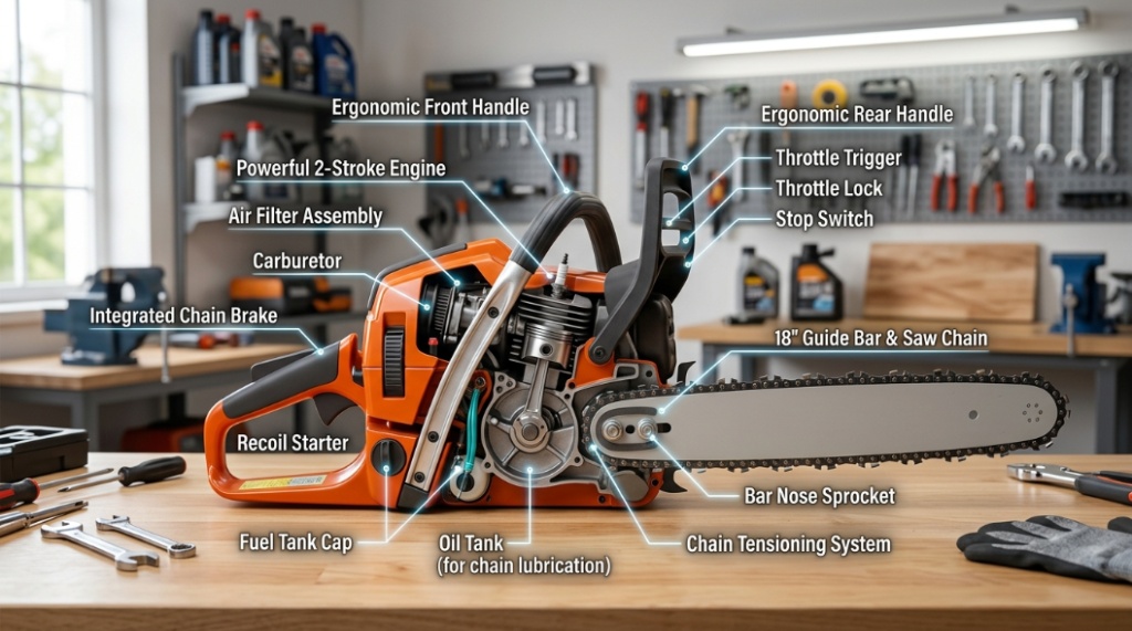 Close-up diagram of a gas chainsaw highlighting key safety and performance features.