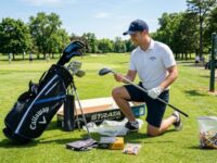 Beginner golfer unpacking a complete starter golf gear set including clubs, bag, glove, and tees on a sunny course
