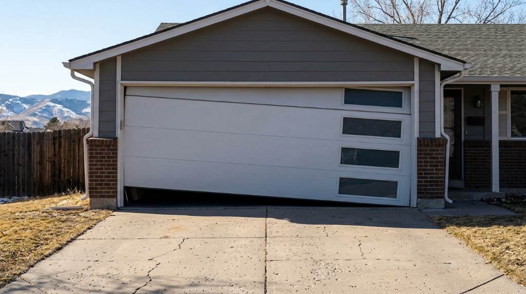 Garage door repair technician inspecting crooked garage door tracks