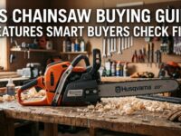 A gas chainsaw on a wooden workbench with the guide title overlaid on top.