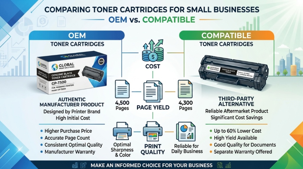 A visual side by side infographic comparing cost and quality of OEM versus compatible toner cartridges for business.
