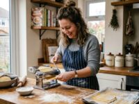First-time buyer using a manual stainless steel home pasta making machine to roll fresh dough on a kitchen counter