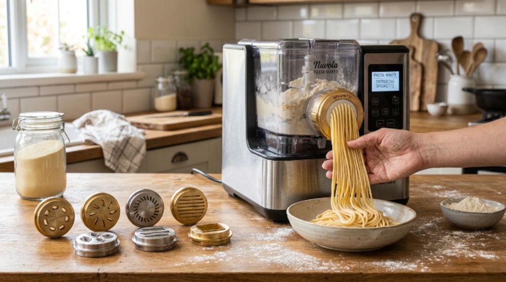 Automatic homemade pasta appliance extruding fresh spaghetti with various pasta shape dies laid out beside it