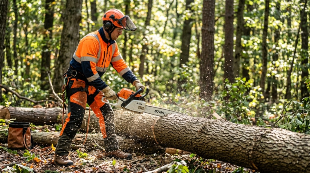 A person in safety gear using a gas chainsaw to cut a log in the woods.