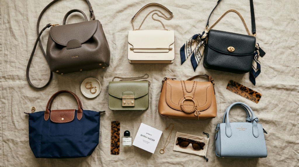 Flat lay of affordable luxury bags from entry-level designer brands displayed on a neutral linen background