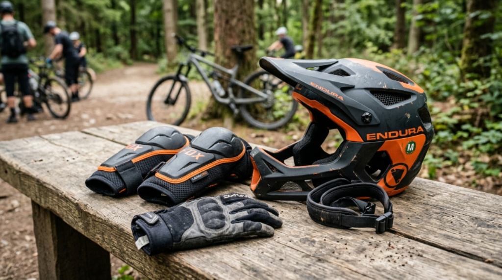 Close-up of protective gear including MTB helmet, elbow pads, and gloves laid out before a ride