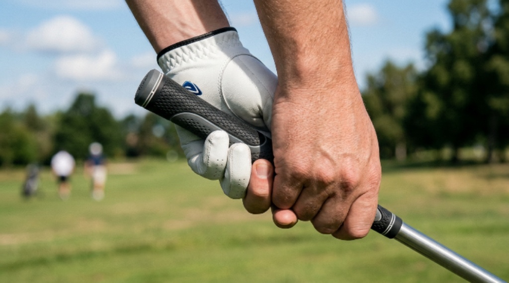Close-up of a thick oversize golf grip on an iron club, demonstrating grip stability and cushioned surface for pain relief