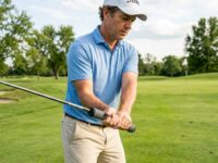 Golfer holding a club with an oversize grip on a golf course, showing proper hand placement for better swing control