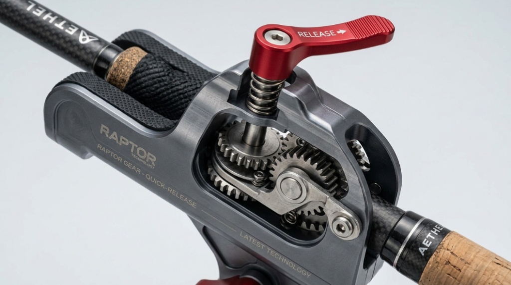 Close-up detail of a modern quick-release fishing rod holder mechanism with a metallic finish.