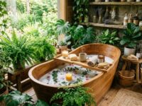 Natural home spa setup with plants