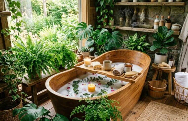 Natural home spa setup with plants