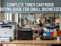 Office printer with toner cartridges and text overlay reading Complete Toner Cartridge Buying Guide for Small Businesses.