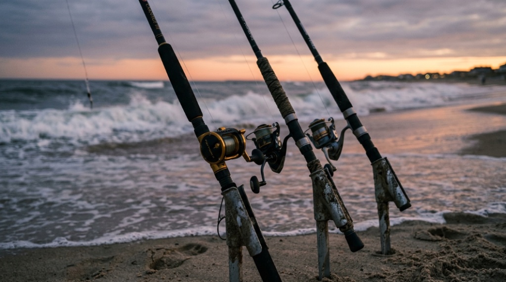 Three saltwater fishing rods secured in heavy-duty bank holders on a sandy beach during sunset.