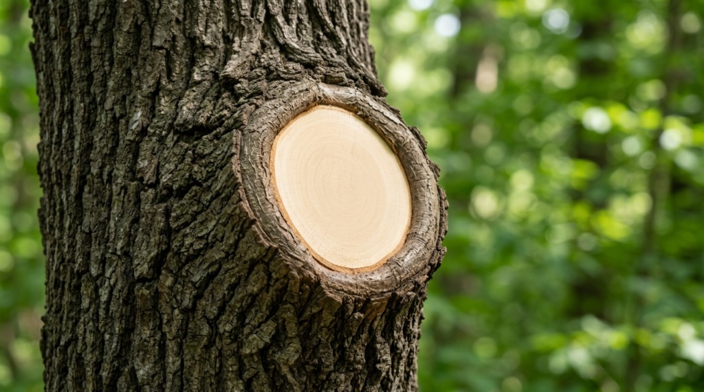 A perfectly smooth and clean pruning cut on a healthy tree trunk.